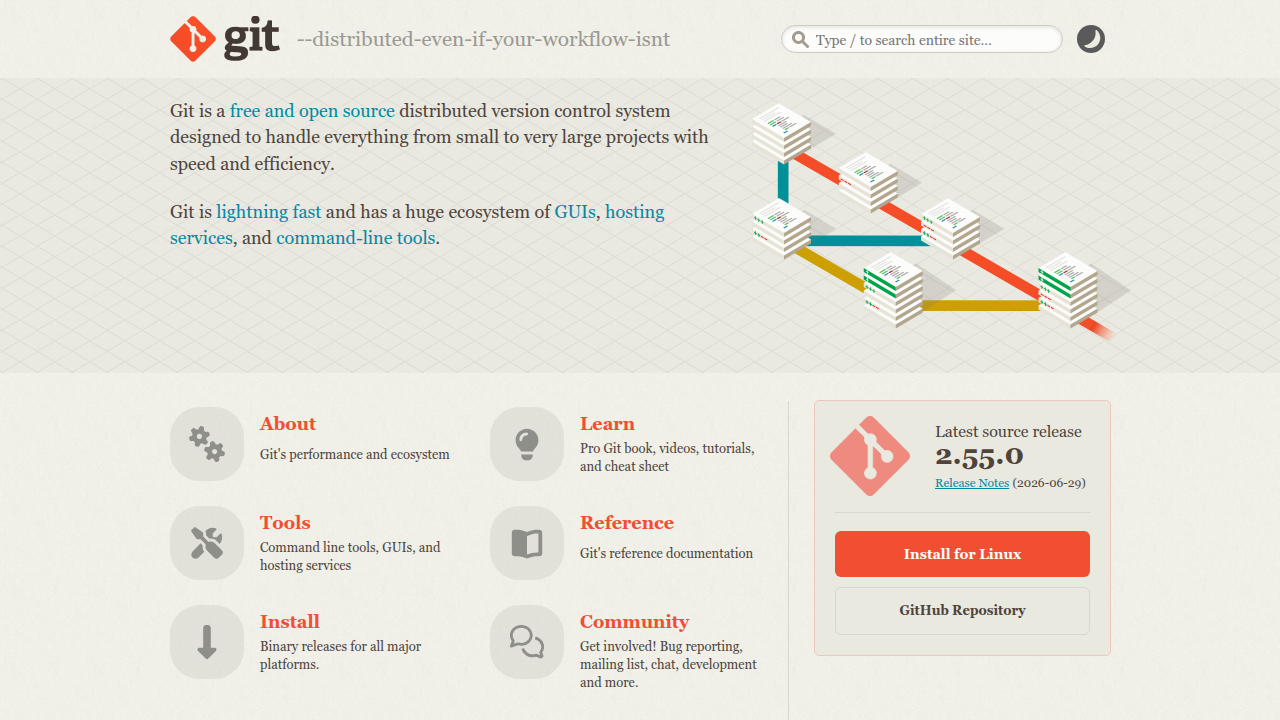The official Git website, offering documentation and resources for the popular version control system.