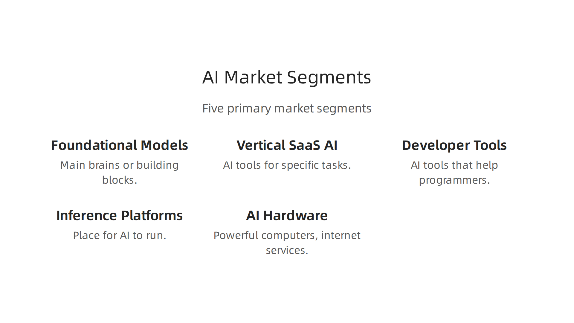 An overview of the five primary market segments where leading AI companies specialize.