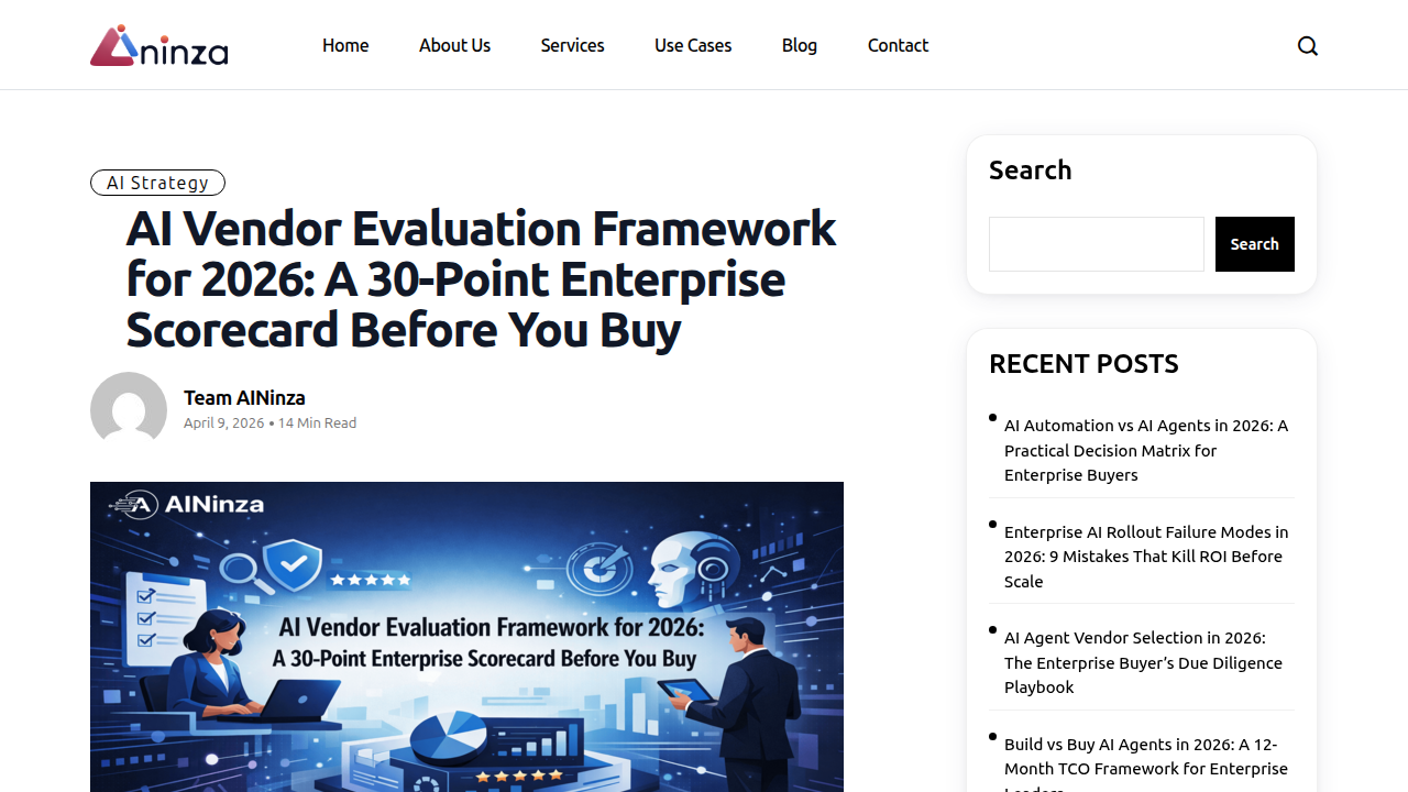 Aininza's AI Vendor Evaluation Framework for 2026, a 30-point enterprise scorecard.