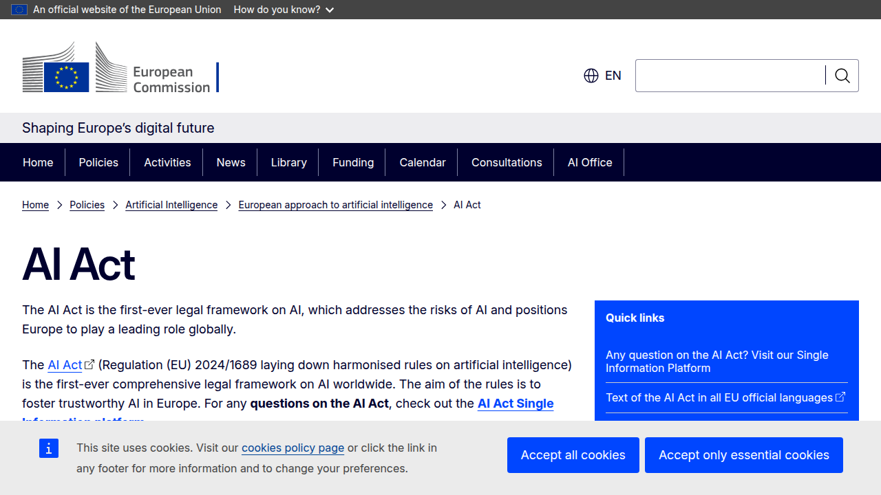 The official European Commission page detailing the EU AI Act regulatory framework.